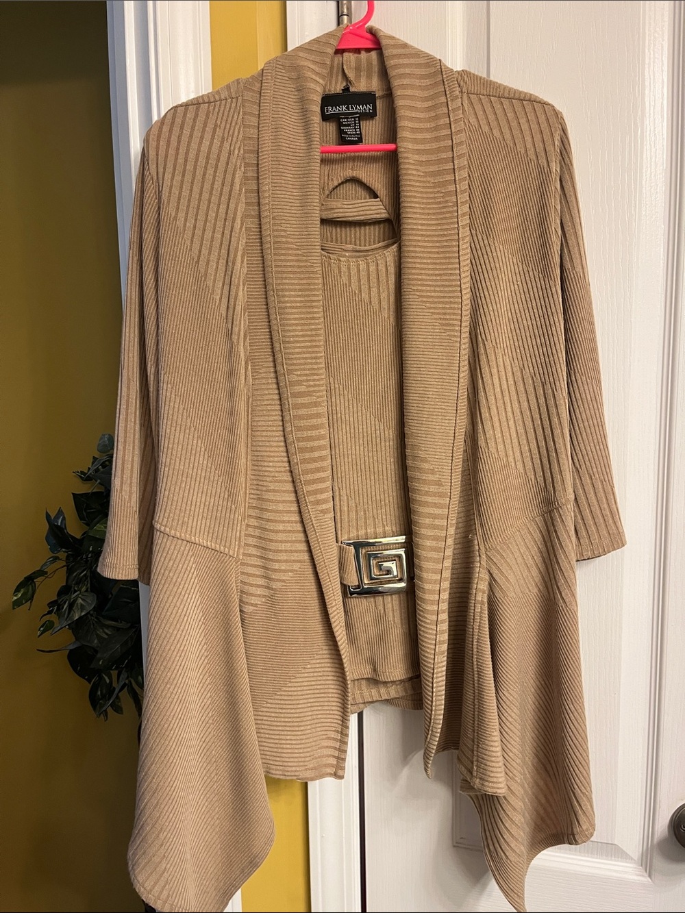 Frank Lyman Two piece Taupe Draped Open-Front Cardigan with Decorative Buckle